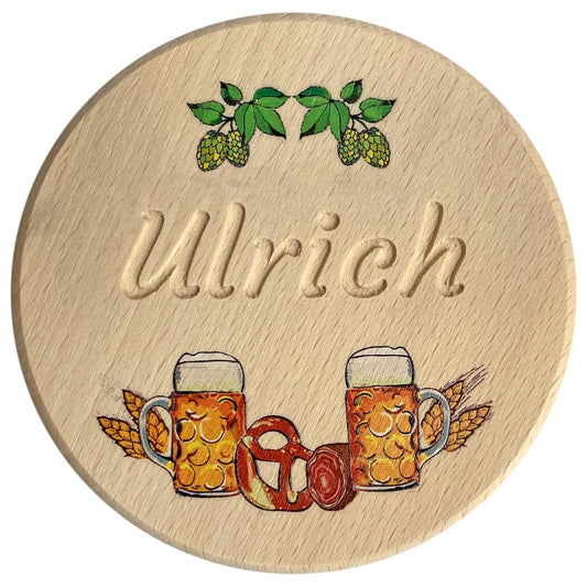 Personalisierter Bierglasdeckel aus Holz mit Gravur – Masskrug & Hopfen Motiv – Schutz vor Wespen