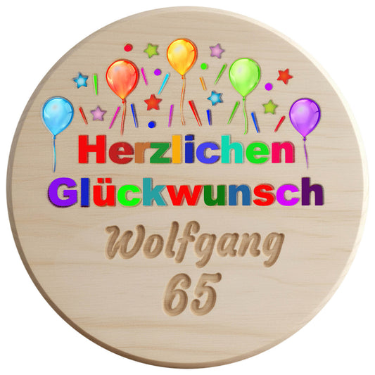 Personalisierter Bierdeckel aus Holz mit Gravur – Herzlichen Glückwunsch – Luftballons Konfetti Geburtstag Name & Alter