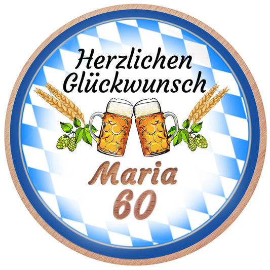 Personalisierter Bierdeckel aus Holz mit Gravur – Herzlichen Glückwunsch – Bayerisches Design Bierkrug Geburtstag