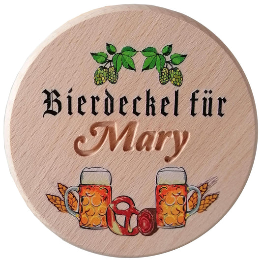 Personalisierter Bierglasdeckel aus Holz mit Gravur – Bierdeckel für [Name] – Masskrug & Hopfen Motiv