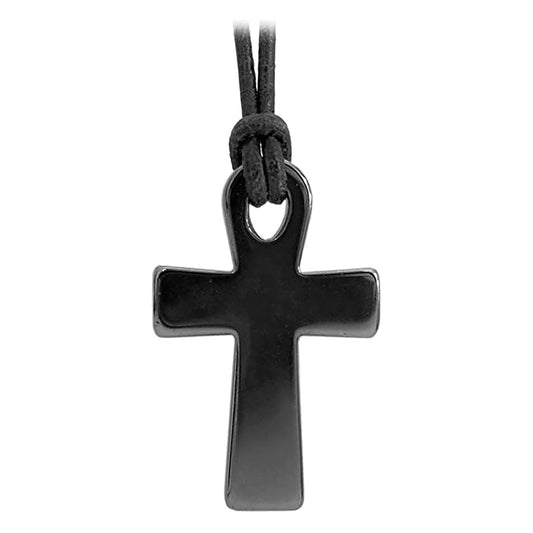 Hämatin Ankh Halskette – Edelstein Kreuz Anhänger mit Lederband | 30 x 20 mm
