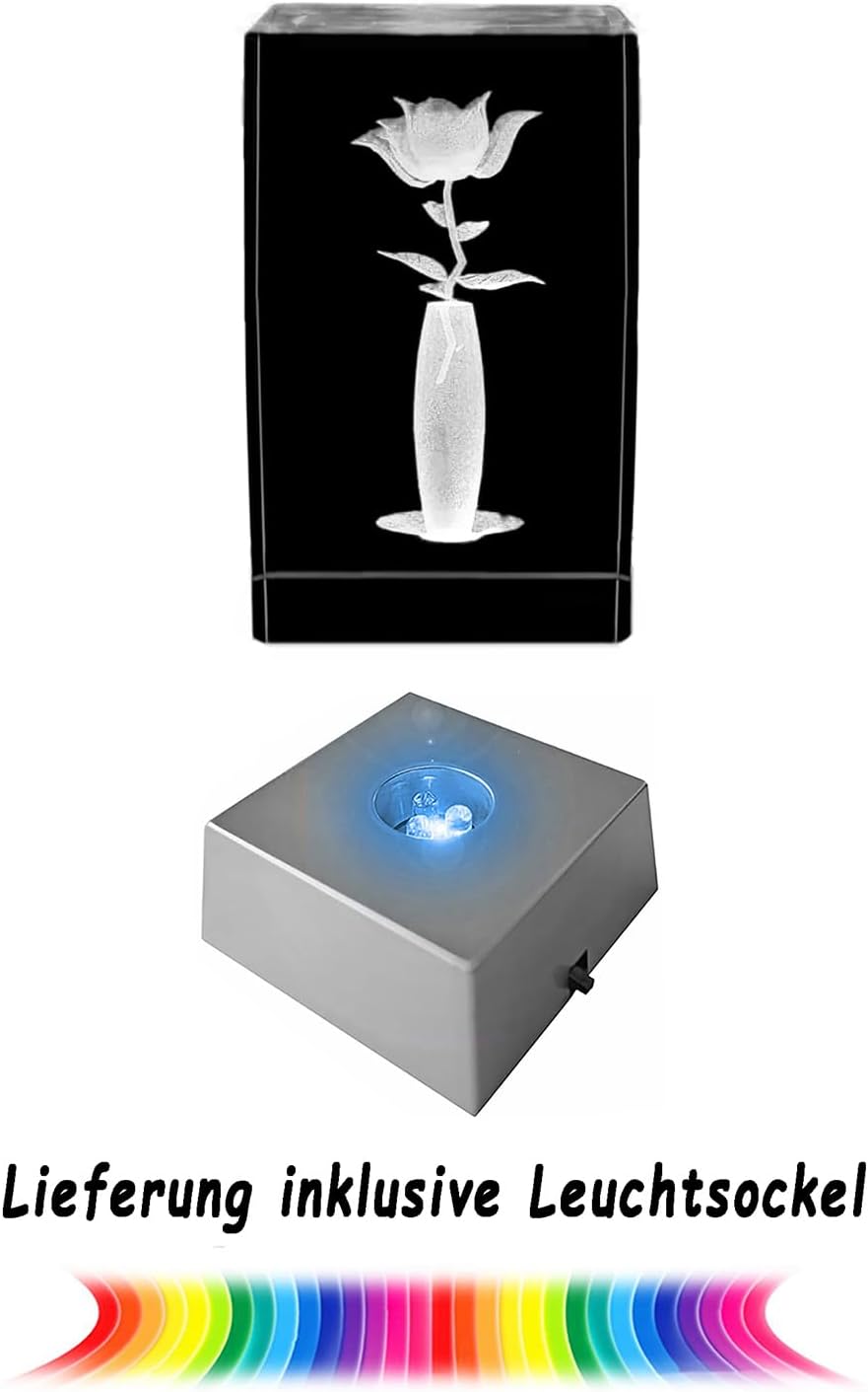 Kaltner Präsente Stimmungslicht - Das perfekte Geschenk: LED Kerze/Kristall Glasblock / 3D-Laser-Gravur/Motiv Rose in Vase