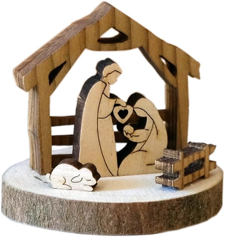 Kaltner Präsente Geschenkidee - Holz-Weihnachtskrippe Miniatur auf Rindenscheibe Jesus, Maria und Kind, Krippen Deko Weihnachten (Höhe 5 cm)