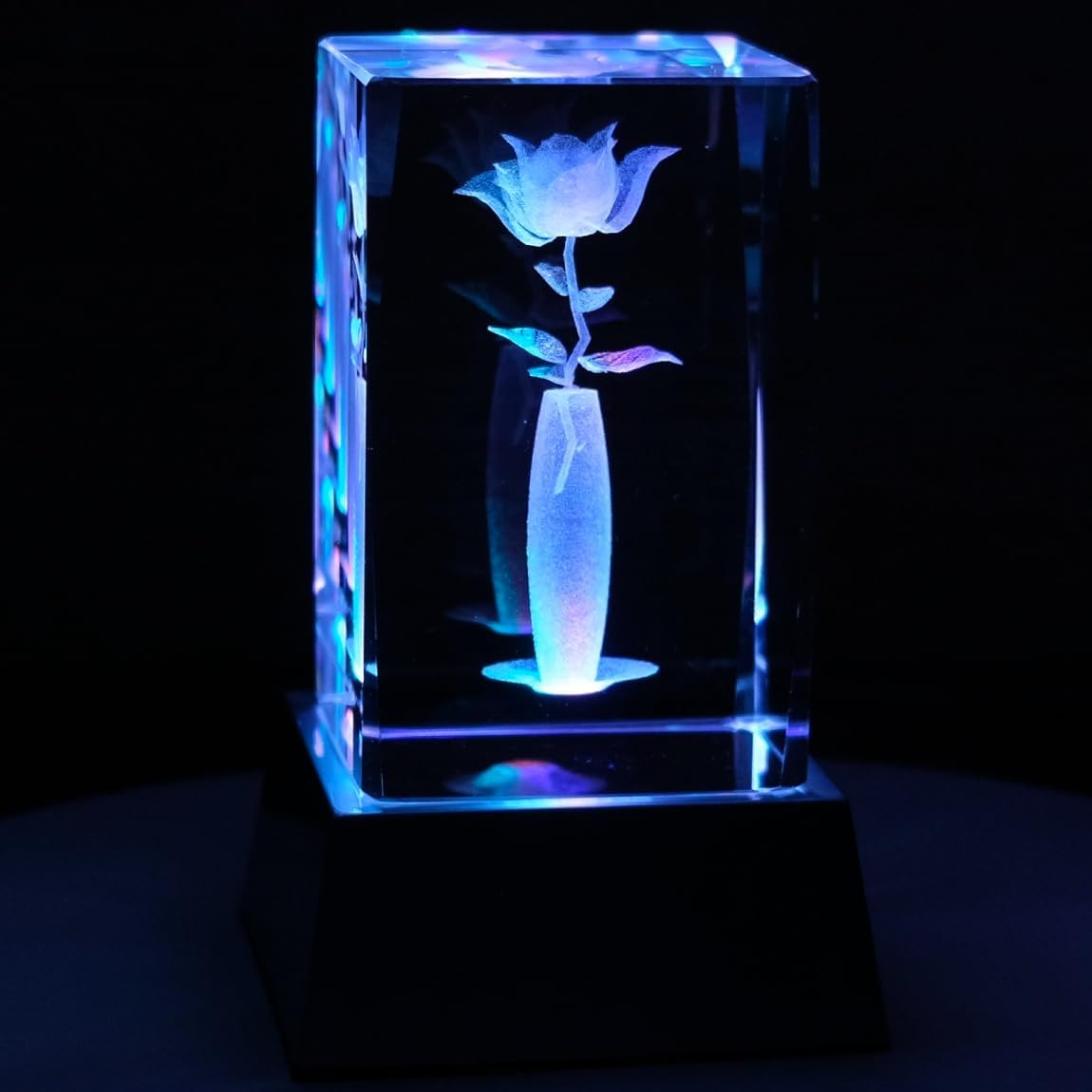 Kaltner Präsente Stimmungslicht - Das perfekte Geschenk: LED Kerze/Kristall Glasblock / 3D-Laser-Gravur/Motiv Rose in Vase