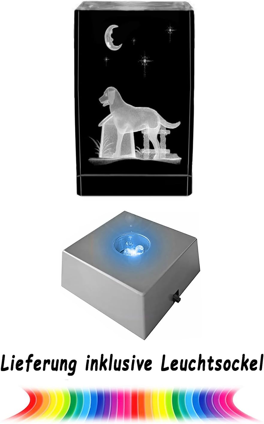 Kaltner Präsente Stimmungslicht - Ein ganz besonderes Geschenk: LED Kerze/Kristall Glasblock / 3D-Laser-Gravur Tiere Hunde Hundehütte/Beleuchtung in Regenbogen Farben