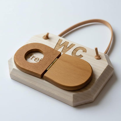 WC-Türschild Holz „frei/besetzt“ – Massives Ahornholz mit Lederband – Toilettenschild Klodeckel-Design