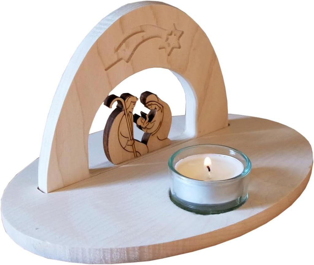 Kaltner Präsente Geschenkidee: Weihnachtskrippe Teelichthalter aus Holz, Heilige Familie Weihnachtsstern (Höhe 10 cm)