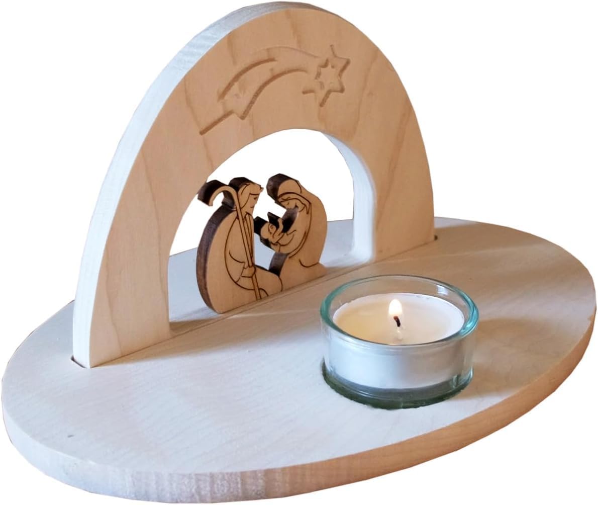 Kaltner Präsente Geschenkidee: Weihnachtskrippe Teelichthalter aus Holz, Heilige Familie Weihnachtsstern (Höhe 10 cm)