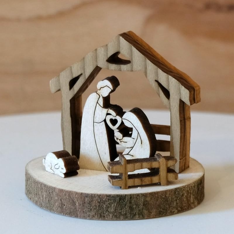 Kaltner Präsente Geschenkidee - Holz-Weihnachtskrippe Miniatur auf Rindenscheibe Jesus, Maria und Kind, Krippen Deko Weihnachten (Höhe 5 cm)