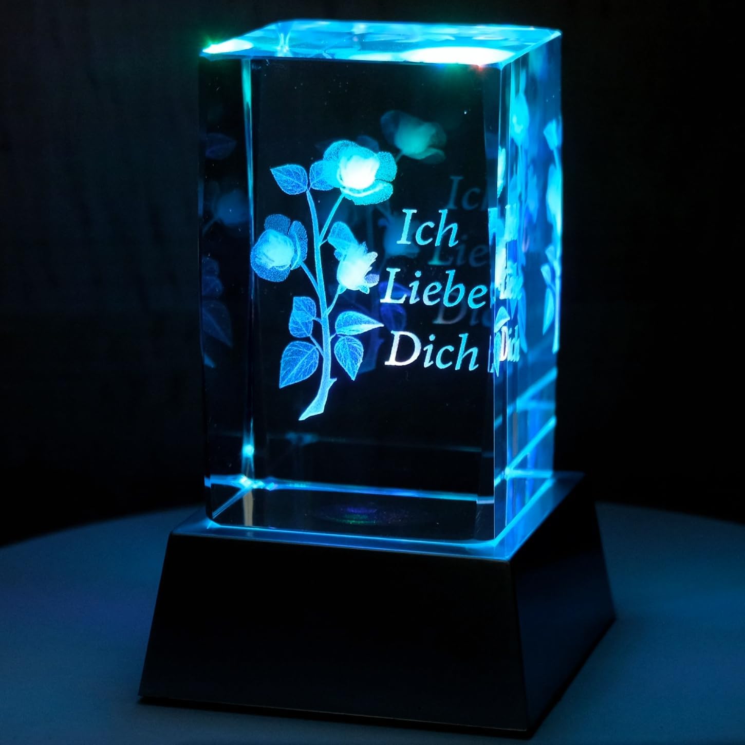 Kaltner Präsente Stimmungslicht - Ein ganz besonderes Geschenk: LED Kerze / Kristall Glasblock / 3D-Laser-Gravur Motiv Romantik Rose Ich liebe Dich