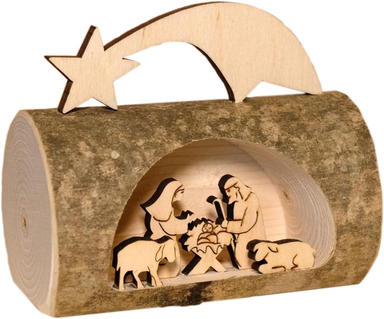 Kaltner Präsente Geschenkidee - Weihnachten Krippe aus Holz mit Jesus, Maria und Kind in einem Baumstamm mit Rinde aus Südtirol, Dekoration für Weihnachten, Weihnachtsdeko Innen