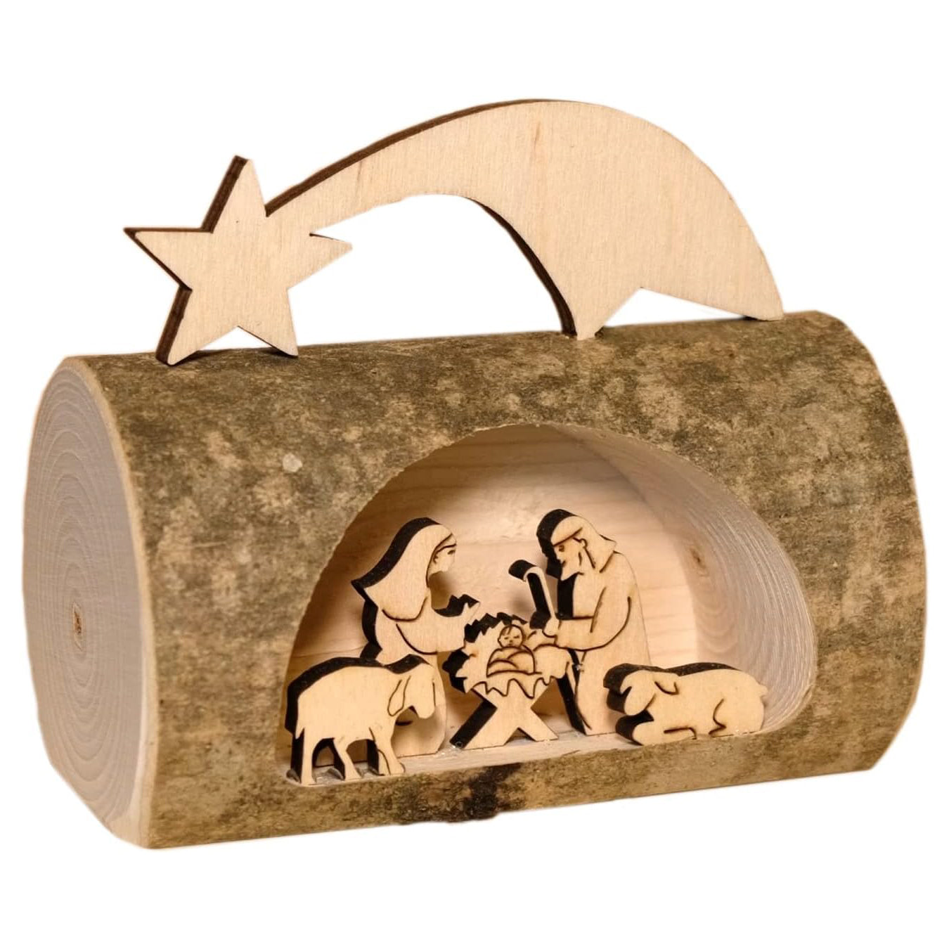 Kaltner Präsente Geschenkidee - Weihnachten Krippe aus Holz mit Jesus, Maria und Kind in einem Baumstamm mit Rinde aus Südtirol, Dekoration für Weihnachten, Weihnachtsdeko Innen