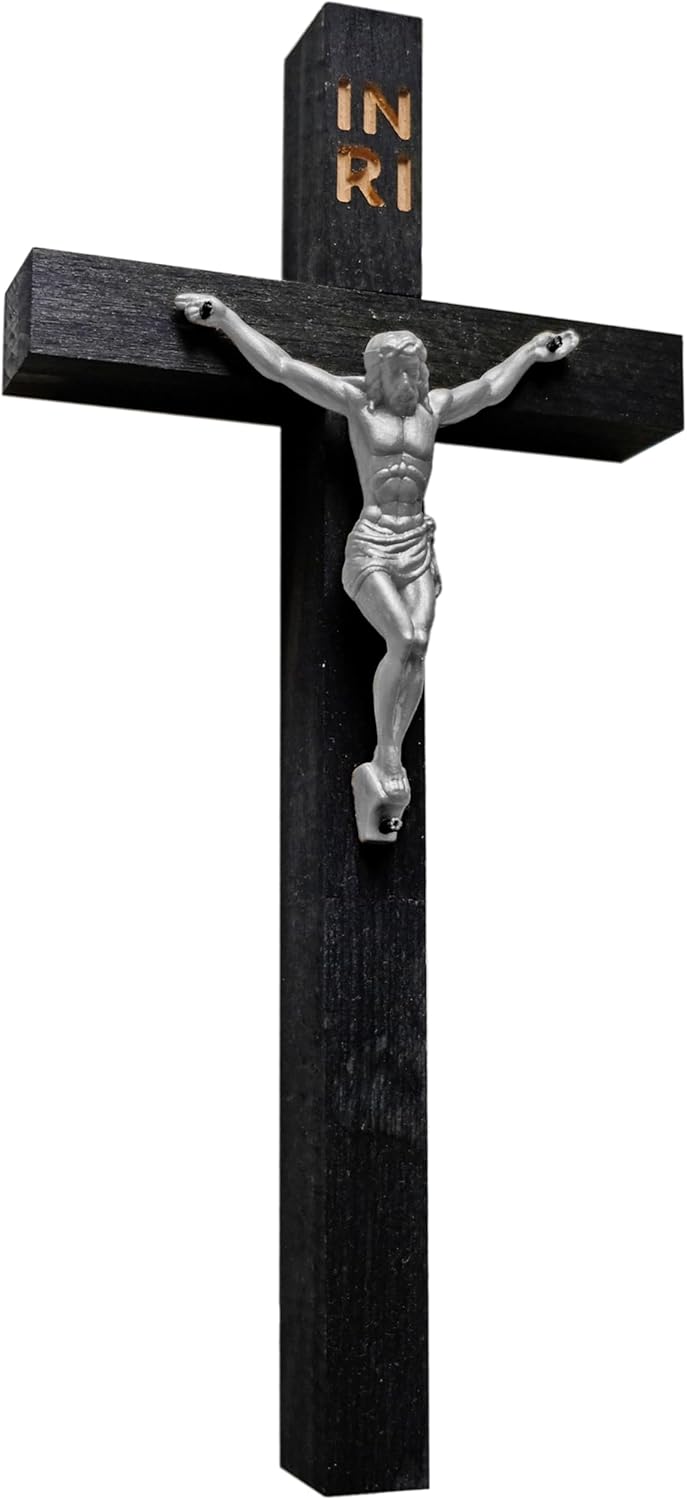 Kaltner Präsente Geschenkidee - Echtholz Wandkreuz Holz Kreuz aus Buche Schwarz/Kruzifix mit Jesus Figur Gold für die Wand (Höhe 25 cm)