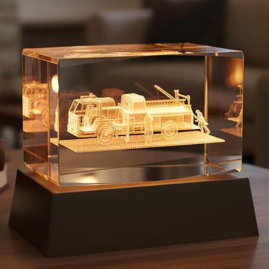 3D Kristallglas Feuerwehr mit LED Farbwechsel-Sockel – Lasergravur Geschenk für Feuerwehrmann & Feuerwehrfrau