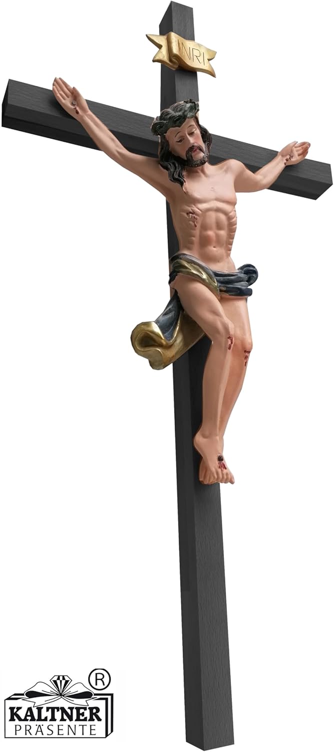 Kaltner Präsente Geschenkidee – Holzkreuz Wandkreuz Kruzifix aus Echtholz Buche Kreuz Schwarz mit Jesus Christus Figur aus Kunststein handbemalt (Höhe 50 cm)