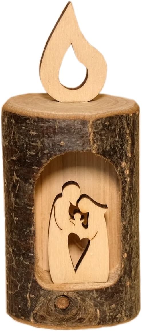 Kaltner Präsente Geschenkidee - Weihnachtskrippe Krippe aus Holz Jesus, Maria und Kind in einem Baumstamm mit Rinde als Kerze