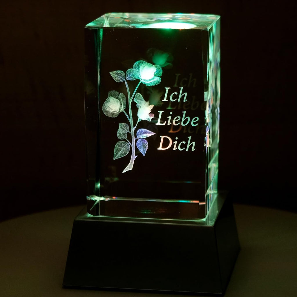 Kaltner Präsente Stimmungslicht - Ein ganz besonderes Geschenk: LED Kerze / Kristall Glasblock / 3D-Laser-Gravur Motiv Romantik Rose Ich liebe Dich