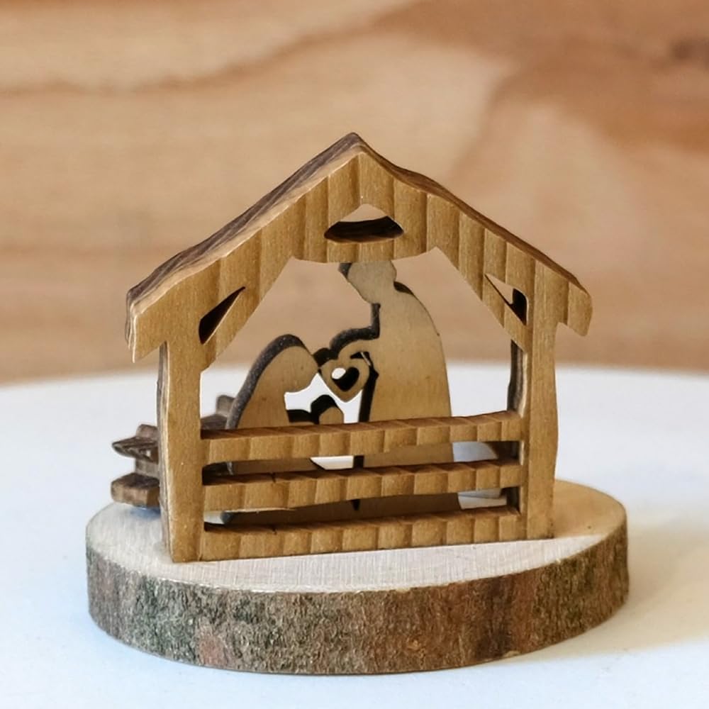 Kaltner Präsente Geschenkidee - Holz-Weihnachtskrippe Miniatur auf Rindenscheibe Jesus, Maria und Kind, Krippen Deko Weihnachten (Höhe 5 cm)