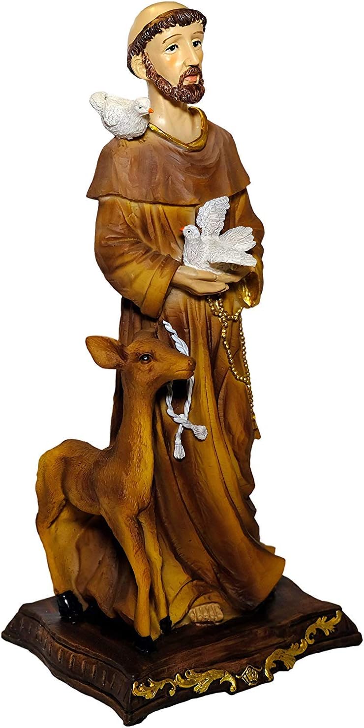 Kaltner Präsente Geschenkidee - 32 cm Heiligenfigur Heiliger Franziskus Franz von Assisi Schutzpatron - Handgemalte Figur auf Sockel - Hochwertiger Kunstguss aus Resin – Dekoration