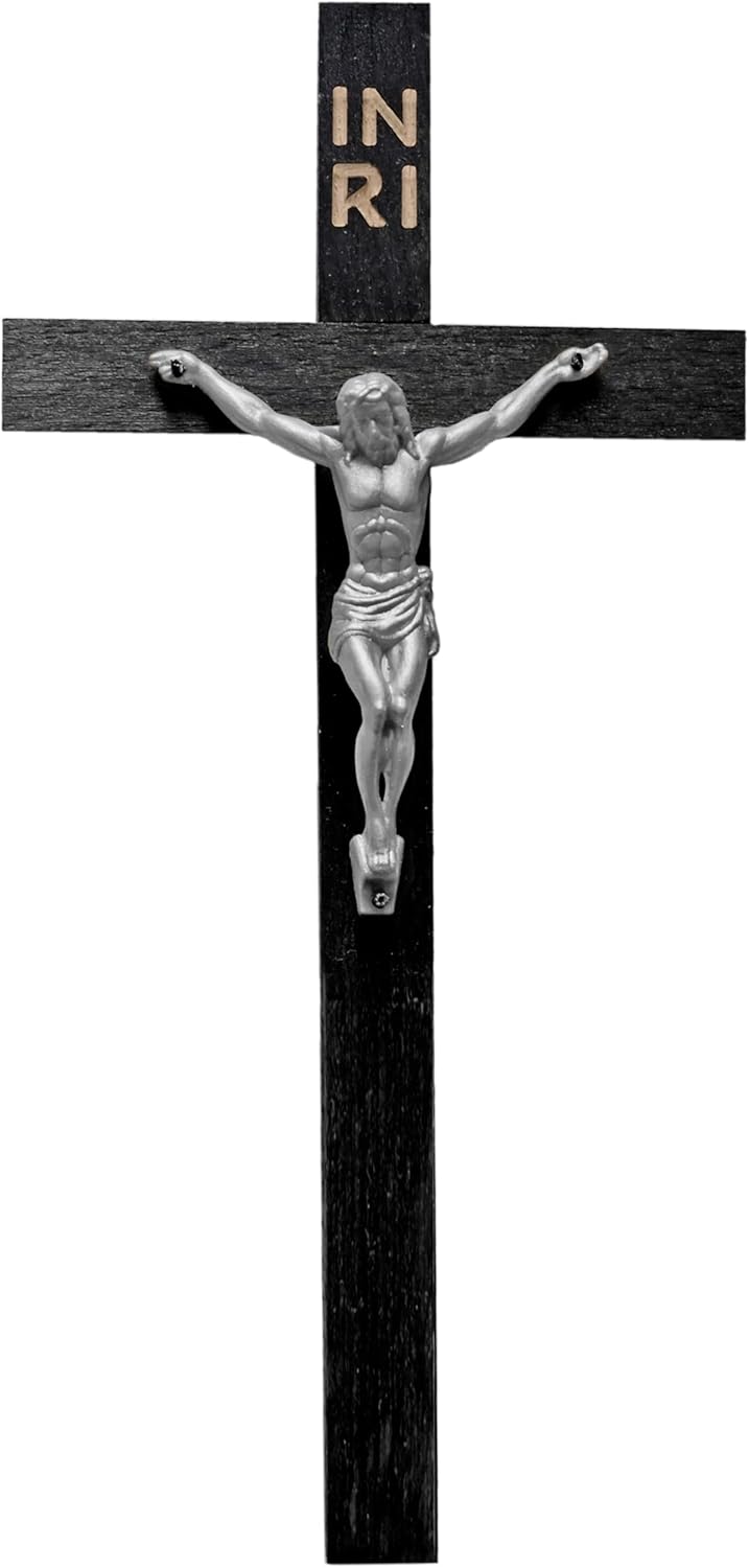 Kaltner Präsente Geschenkidee - Echtholz Wandkreuz Holz Kreuz aus Buche Schwarz/Kruzifix mit Jesus Figur Gold für die Wand (Höhe 25 cm)