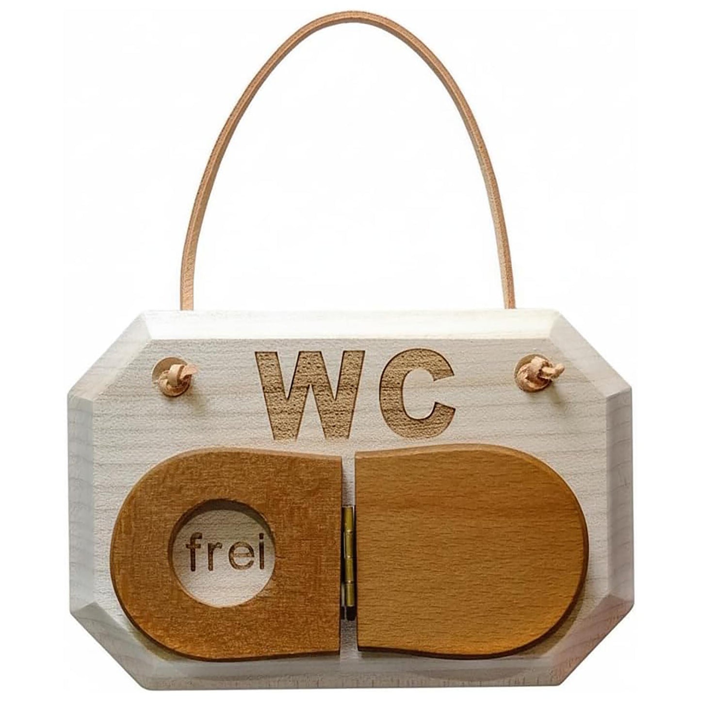 WC-Türschild Holz „frei/besetzt“ – Massives Ahornholz mit Lederband – Toilettenschild Klodeckel-Design