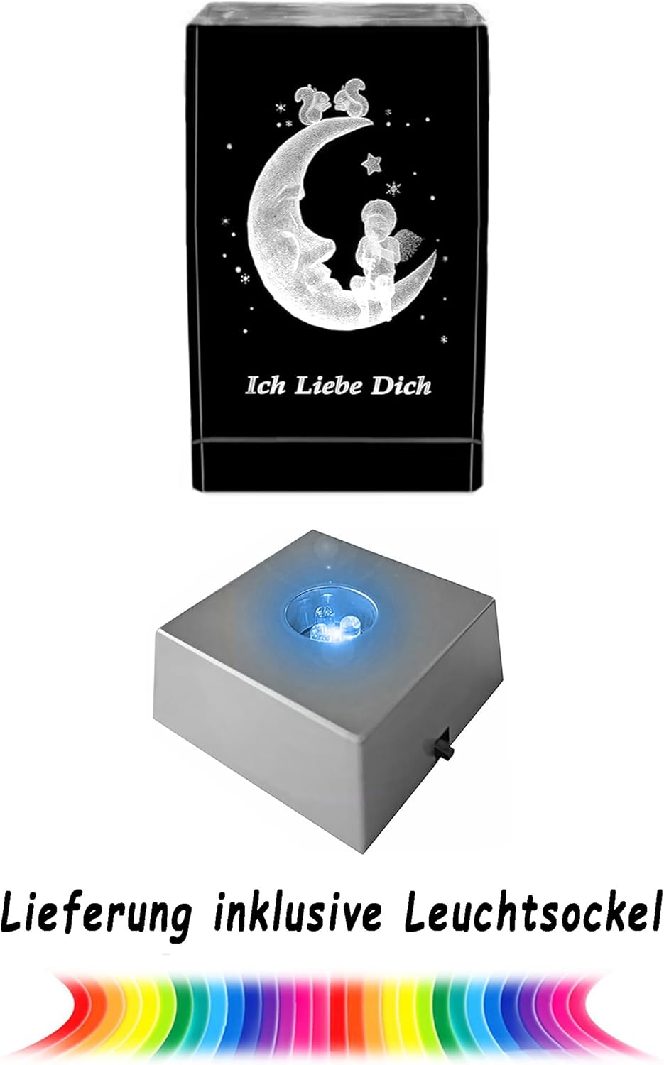 Kaltner Präsente Stimmungslicht - Kristall Glasblock mit 3D Gravur 'Ich liebe dich' - Dekoration für Wohnzimmer und Schlafzimmer