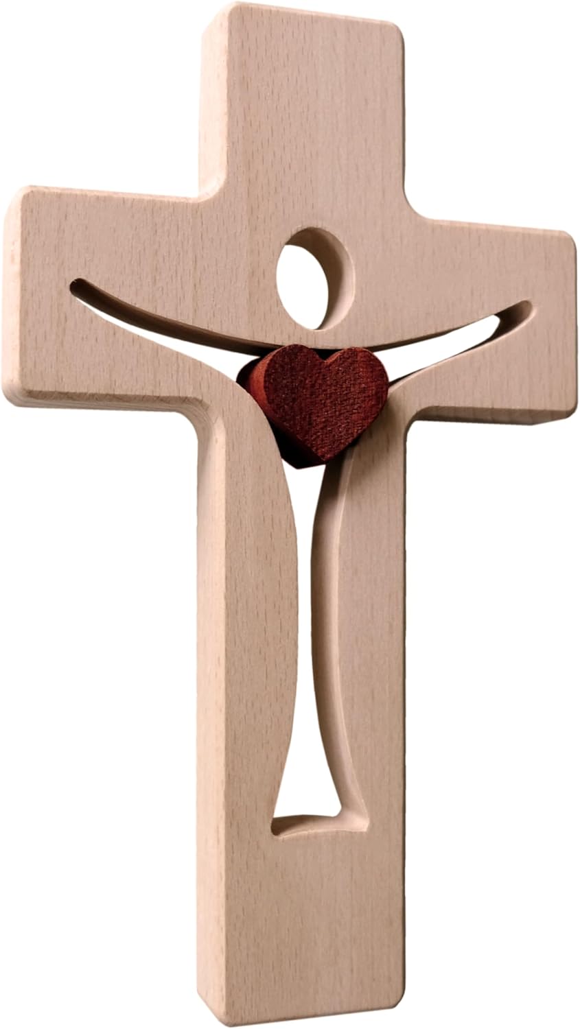 Kaltner Präsente Geschenkidee - Design Wandkreuz Buche mit Echtholz Herz aus Mahagoni Holz Kreuz für die Wand Kruzifix modern (Höhe 20 cm)