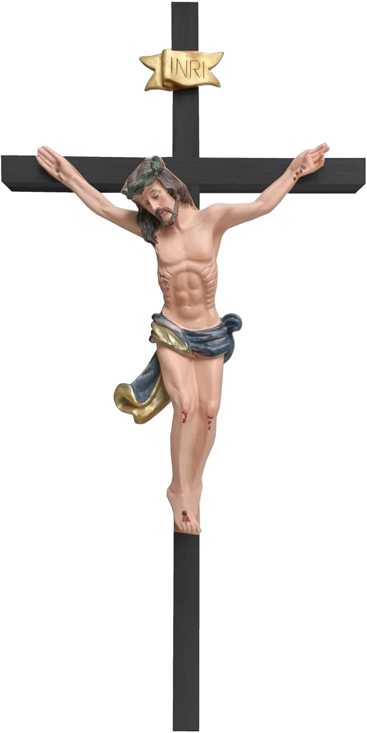 Kaltner Präsente Geschenkidee – Holzkreuz Wandkreuz Kruzifix aus Echtholz Buche Kreuz Schwarz mit Jesus Christus Figur aus Kunststein handbemalt (Höhe 50 cm)