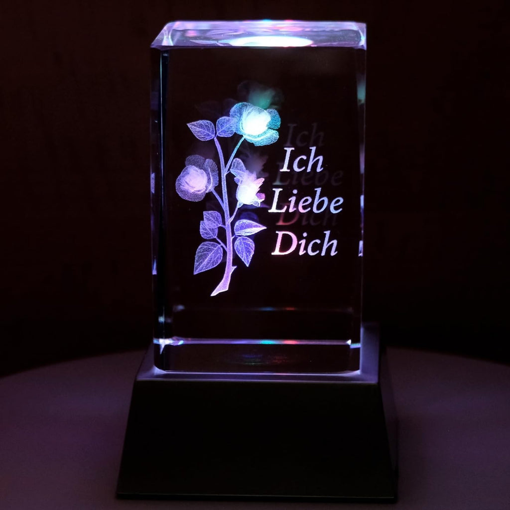 Kaltner Präsente Stimmungslicht - Ein ganz besonderes Geschenk: LED Kerze / Kristall Glasblock / 3D-Laser-Gravur Motiv Romantik Rose Ich liebe Dich