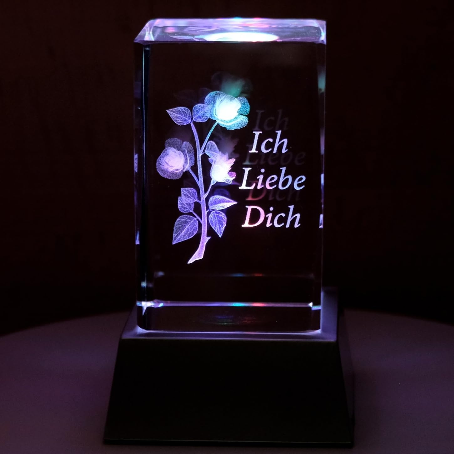 Kaltner Präsente Stimmungslicht - Ein ganz besonderes Geschenk: LED Kerze / Kristall Glasblock / 3D-Laser-Gravur Motiv Romantik Rose Ich liebe Dich