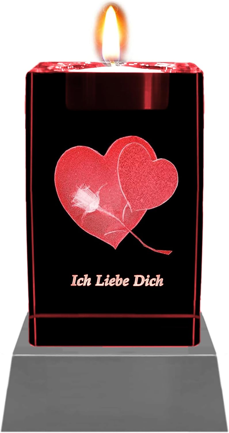 Kaltner Präsente Stimmungslicht 3D Kristall Glasblock, Teelichthalter, Kerzenhalter, Ich Liebe Dich Geschenke für Frauen, Weihnachten, Jahrestag, Hochzeitstag, Valentinstag