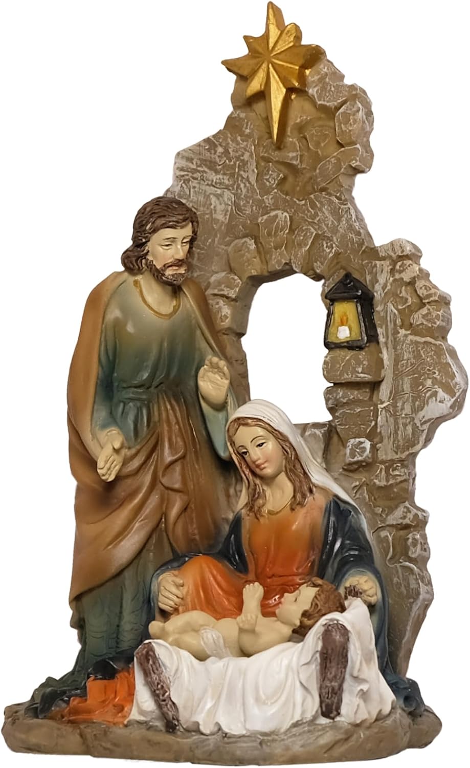 Kaltner Präsente Weihnachtskrippe, Krippenblock Heilige Familie in Grotte, Familienblock Krippe aus Kunststein Handbemalt, Traditionelles Design (Höhe 20 cm)