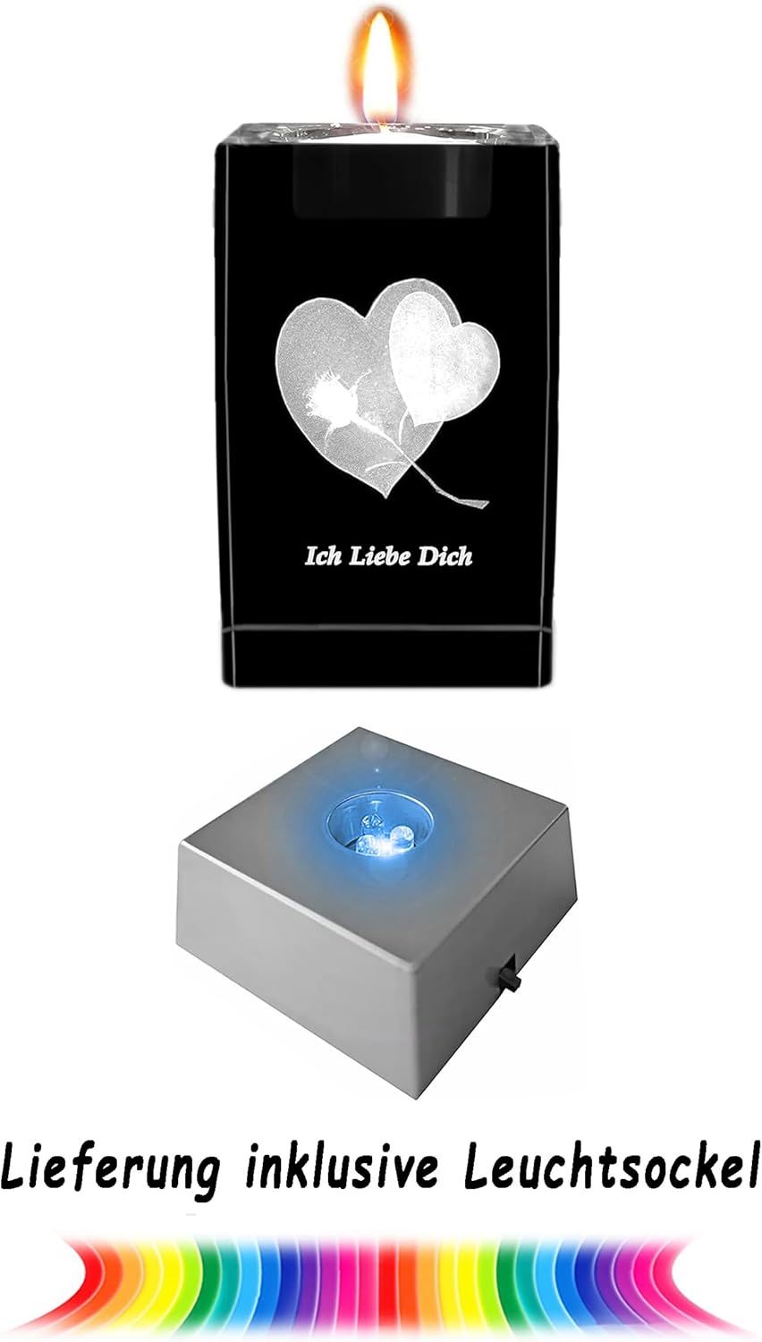 Kaltner Präsente Stimmungslicht 3D Kristall Glasblock, Teelichthalter, Kerzenhalter, Ich Liebe Dich Geschenke für Frauen, Weihnachten, Jahrestag, Hochzeitstag, Valentinstag