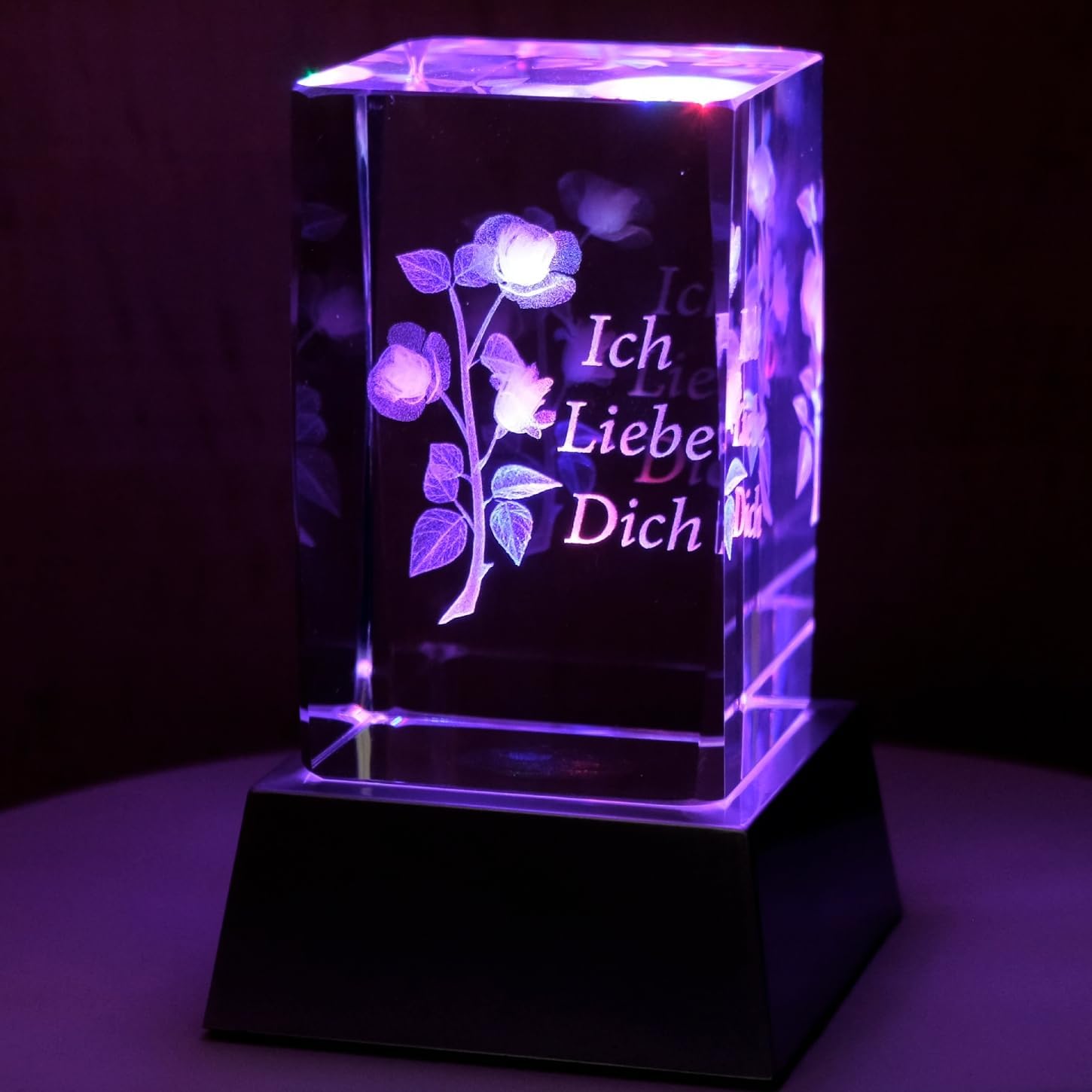 Kaltner Präsente Stimmungslicht - Ein ganz besonderes Geschenk: LED Kerze / Kristall Glasblock / 3D-Laser-Gravur Motiv Romantik Rose Ich liebe Dich