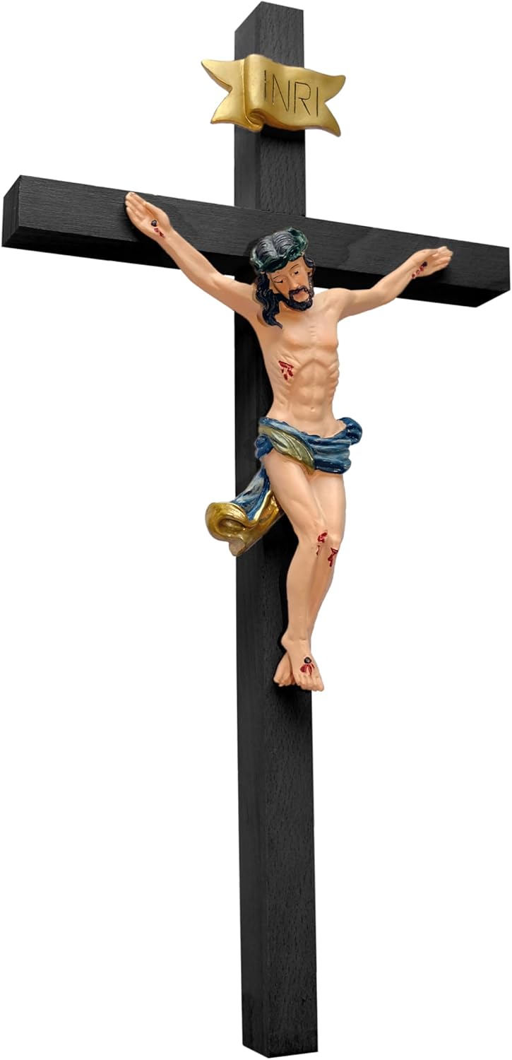 Kaltner Präsente Geschenkidee – Holzkreuz Wandkreuz Kruzifix aus Echtholz Buche Kreuz Schwarz mit Jesus Christus Figur aus Kunststein handbemalt (Höhe 15 cm)