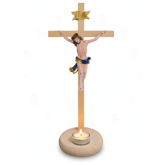 Großes Standkreuz Holz 35 cm mit Jesus Figur & Teelichthalter – Buche & Ahorn – Made in Germany
