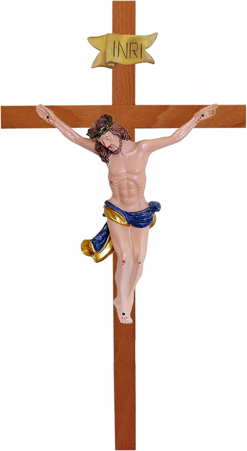 Kaltner Präsente Geschenkidee – Holzkreuz Wandkreuz Kruzifix aus Echtholz Buche Kreuz Eiche mit Jesus Christus Figur aus Kunststein handbemalt (Höhe 15 cm)
