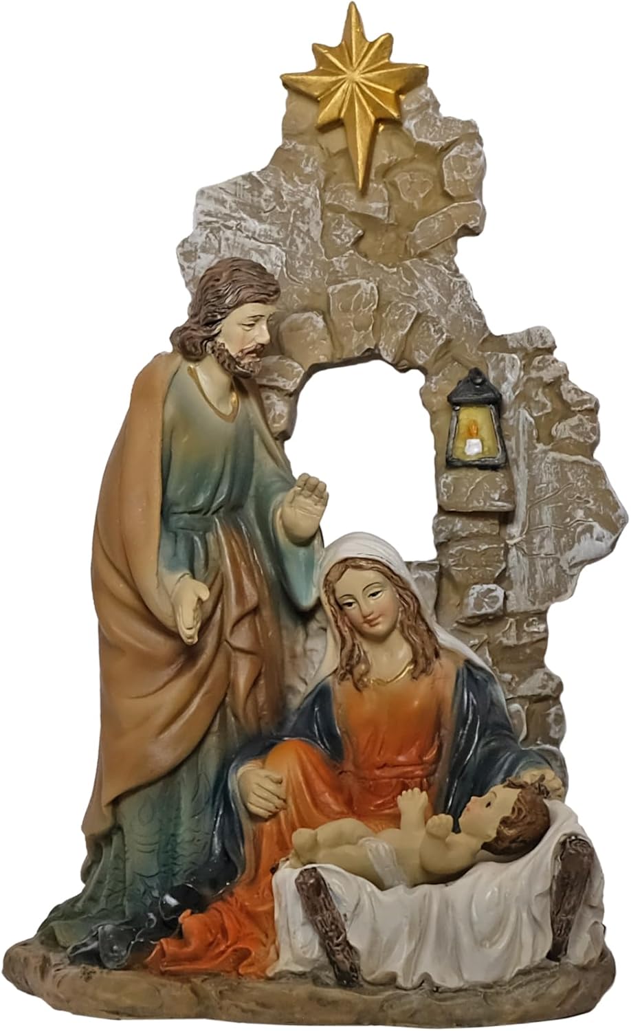 Kaltner Präsente Weihnachtskrippe, Krippenblock Heilige Familie in Grotte, Familienblock Krippe aus Kunststein Handbemalt, Traditionelles Design (Höhe 20 cm)