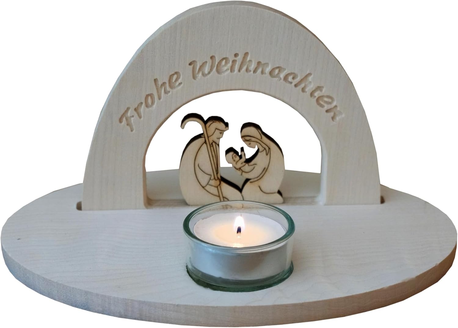 Kaltner Präsente Geschenkidee: Weihnachtskrippe Teelichthalter aus Holz, Heilige Familie mit Schriftzug Frohe Weihnachten (Höhe 10 cm)