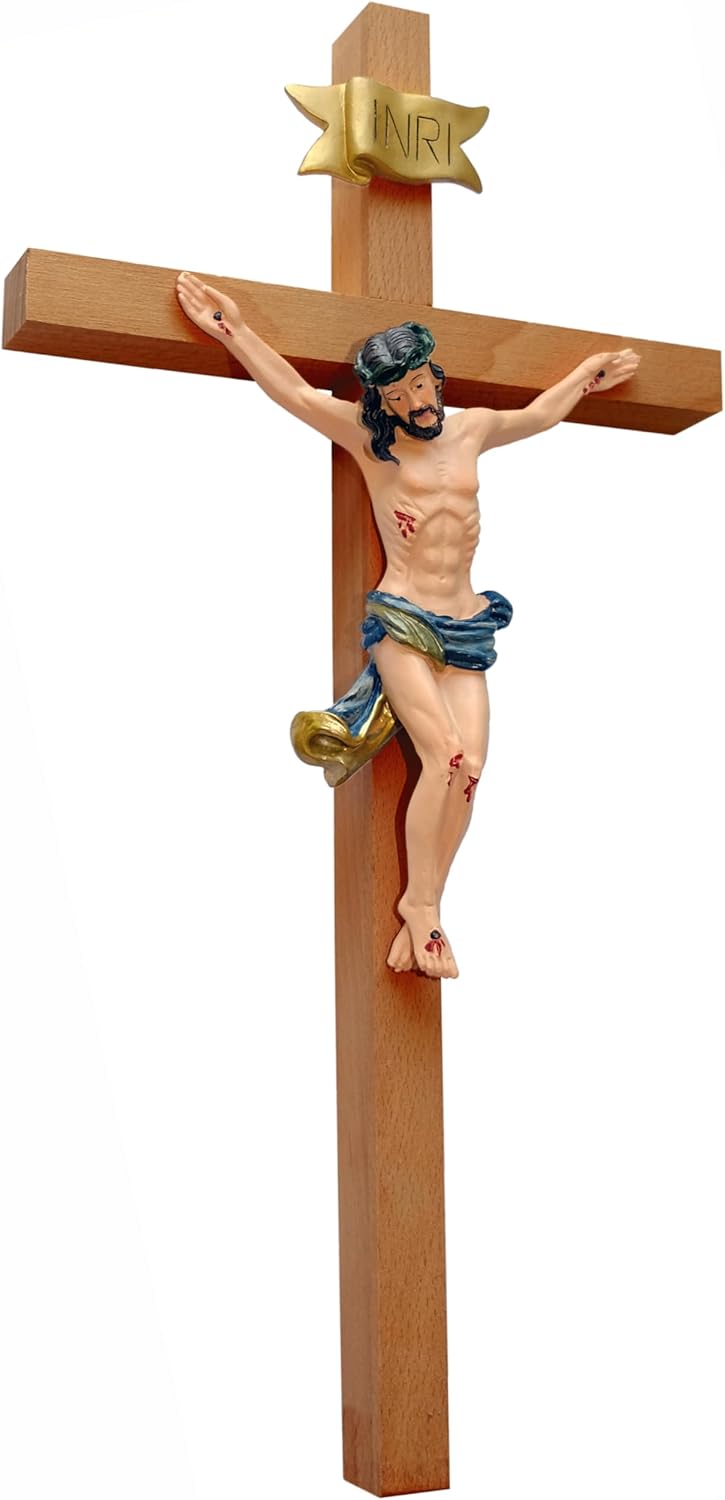 Kaltner Präsente Geschenkidee – Holzkreuz Wandkreuz Kruzifix aus Echtholz Buche Kreuz Eiche mit Jesus Christus Figur aus Kunststein handbemalt (Höhe 15 cm)