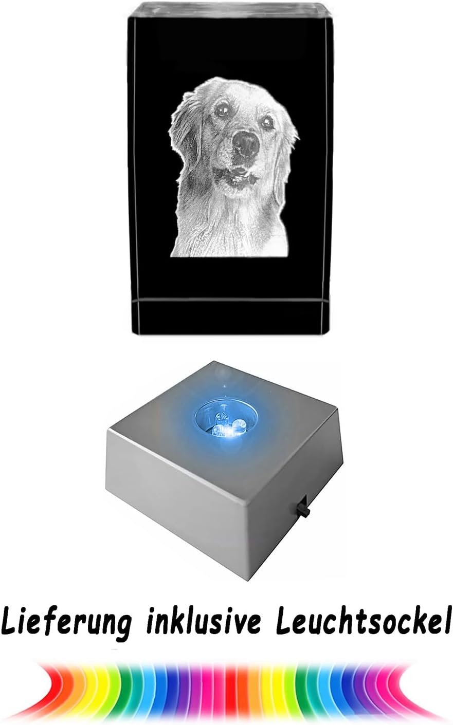 Kaltner Präsente Stimmungslicht - Ein ganz besonderes Geschenk: LED Kerze/Kristall Glasblock / 2D-Laser-Gravur Tiere Hunde/Beleuchtung in Regenbogen Farben