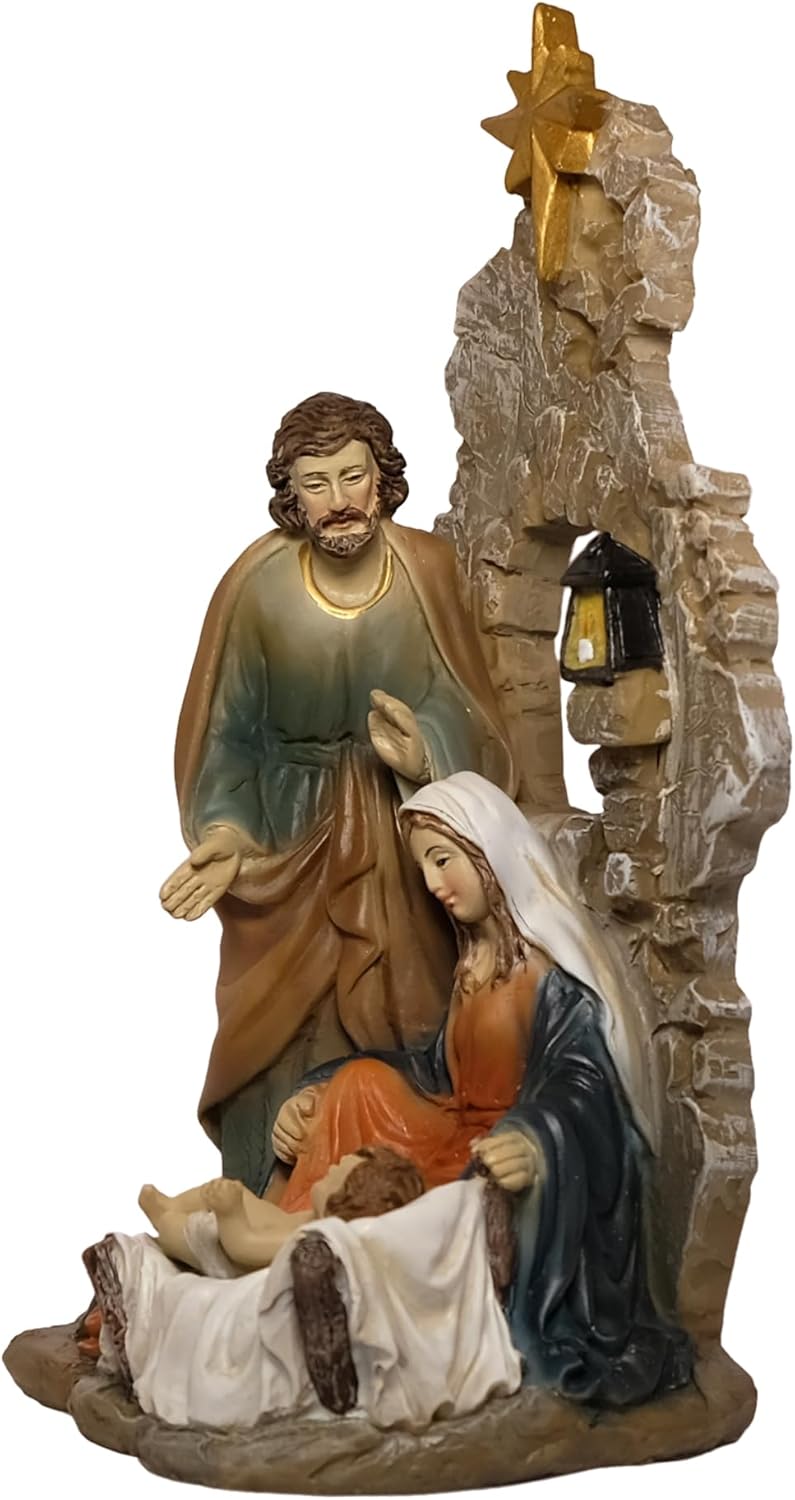 Kaltner Präsente Weihnachtskrippe, Krippenblock Heilige Familie in Grotte, Familienblock Krippe aus Kunststein Handbemalt, Traditionelles Design (Höhe 20 cm)