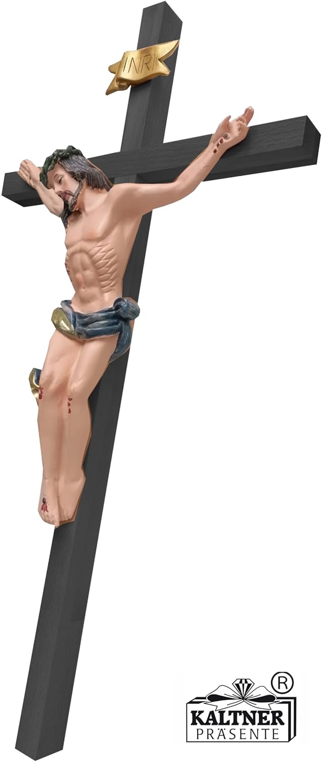 Kaltner Präsente Geschenkidee – Holzkreuz Wandkreuz Kruzifix aus Echtholz Buche Kreuz Schwarz mit Jesus Christus Figur aus Kunststein handbemalt (Höhe 50 cm)
