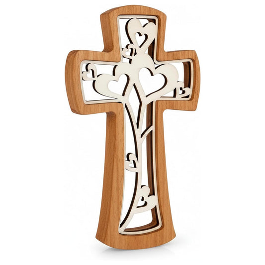 Wandkreuz Buche 20 cm mit Herzen – Modernes Holzkreuz Taufgeschenk – Geöltes Buchenholz