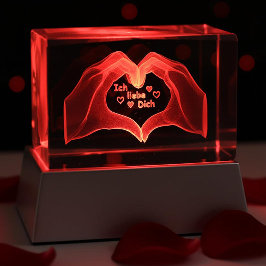 3D Kristallglas „Ich liebe Dich“ mit LED Farbwechsel-Sockel – Lasergravur Geschenk für Freundin & Frau
