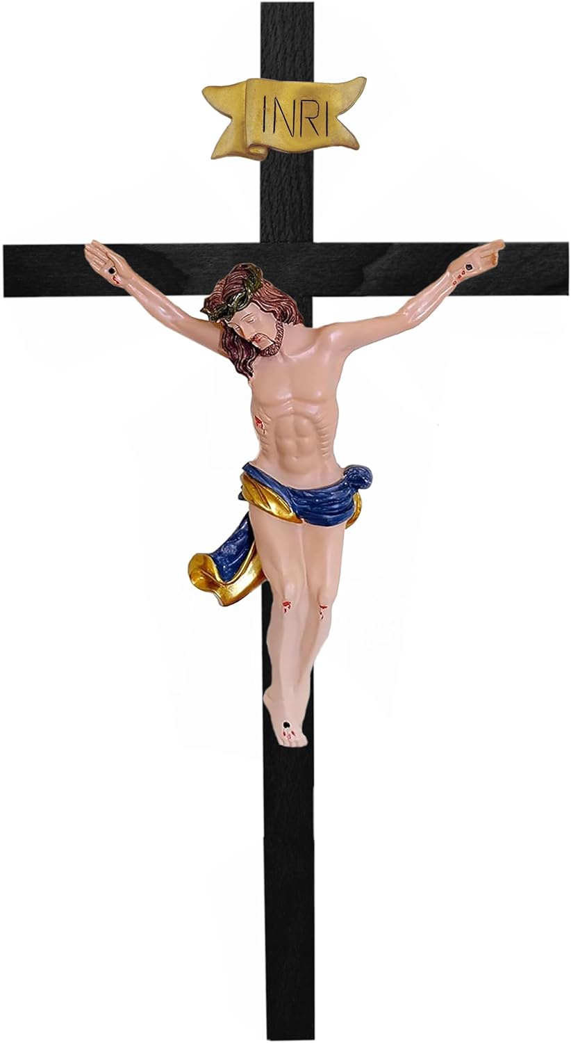 Kaltner Präsente Geschenkidee – Holzkreuz Wandkreuz Kruzifix aus Echtholz Buche Kreuz Schwarz mit Jesus Christus Figur aus Kunststein handbemalt (Höhe 15 cm)