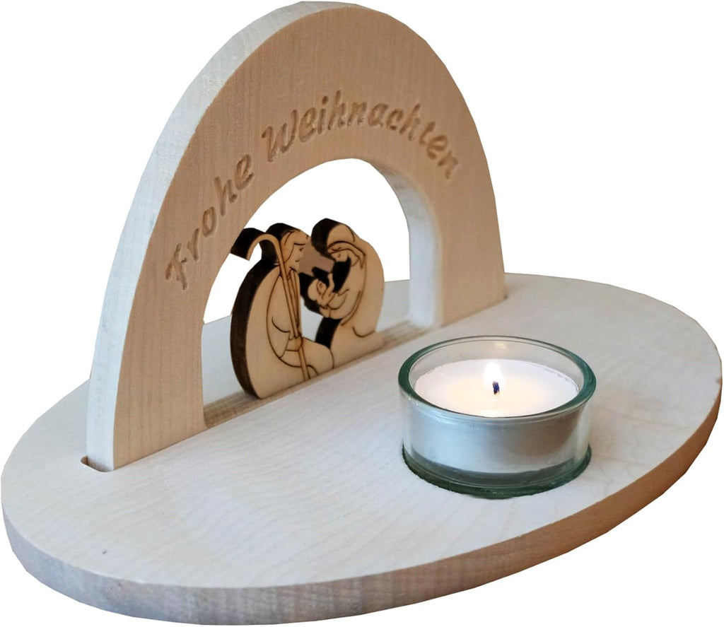 Kaltner Präsente Geschenkidee: Weihnachtskrippe Teelichthalter aus Holz, Heilige Familie mit Schriftzug Frohe Weihnachten (Höhe 10 cm)