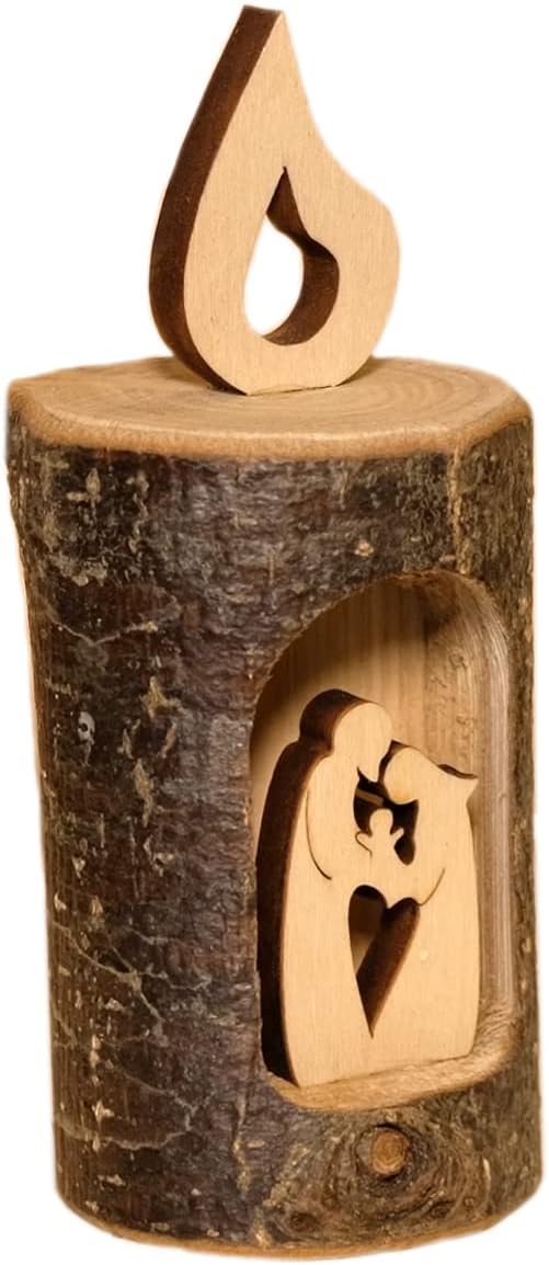 Kaltner Präsente Geschenkidee - Weihnachtskrippe Krippe aus Holz Jesus, Maria und Kind in einem Baumstamm mit Rinde als Kerze