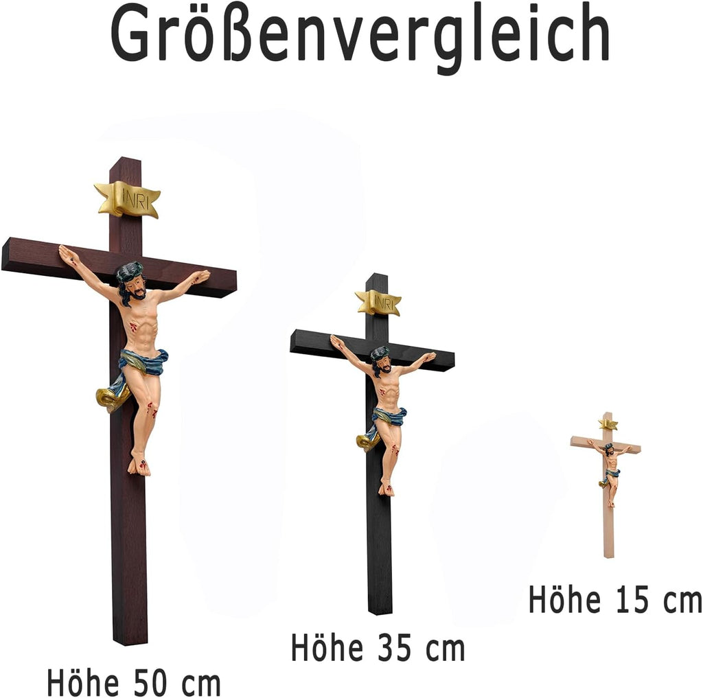 Kaltner Präsente Geschenkidee – Holzkreuz Wandkreuz Kruzifix aus Echtholz Buche Kreuz Schwarz mit Jesus Christus Figur aus Kunststein handbemalt (Höhe 15 cm)