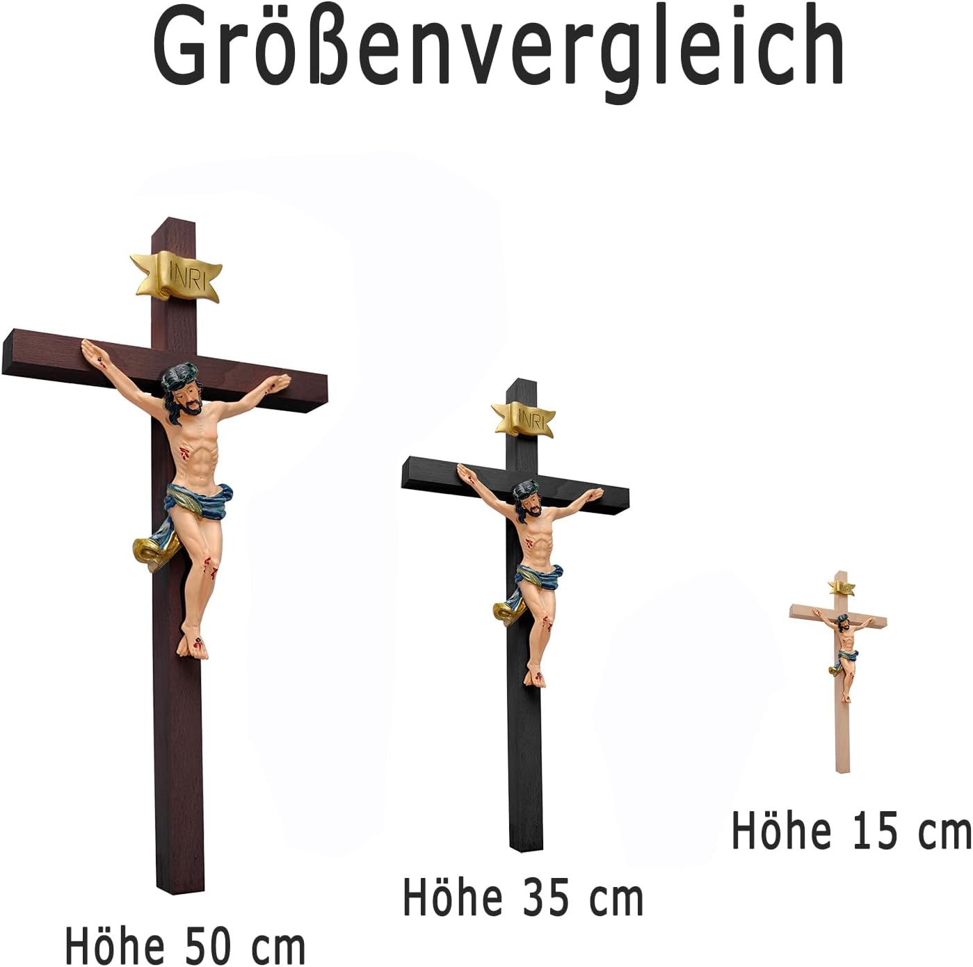 Kaltner Präsente Geschenkidee – Holzkreuz Wandkreuz Kruzifix aus Echtholz Buche Kreuz Schwarz mit Jesus Christus Figur aus Kunststein handbemalt (Höhe 15 cm)